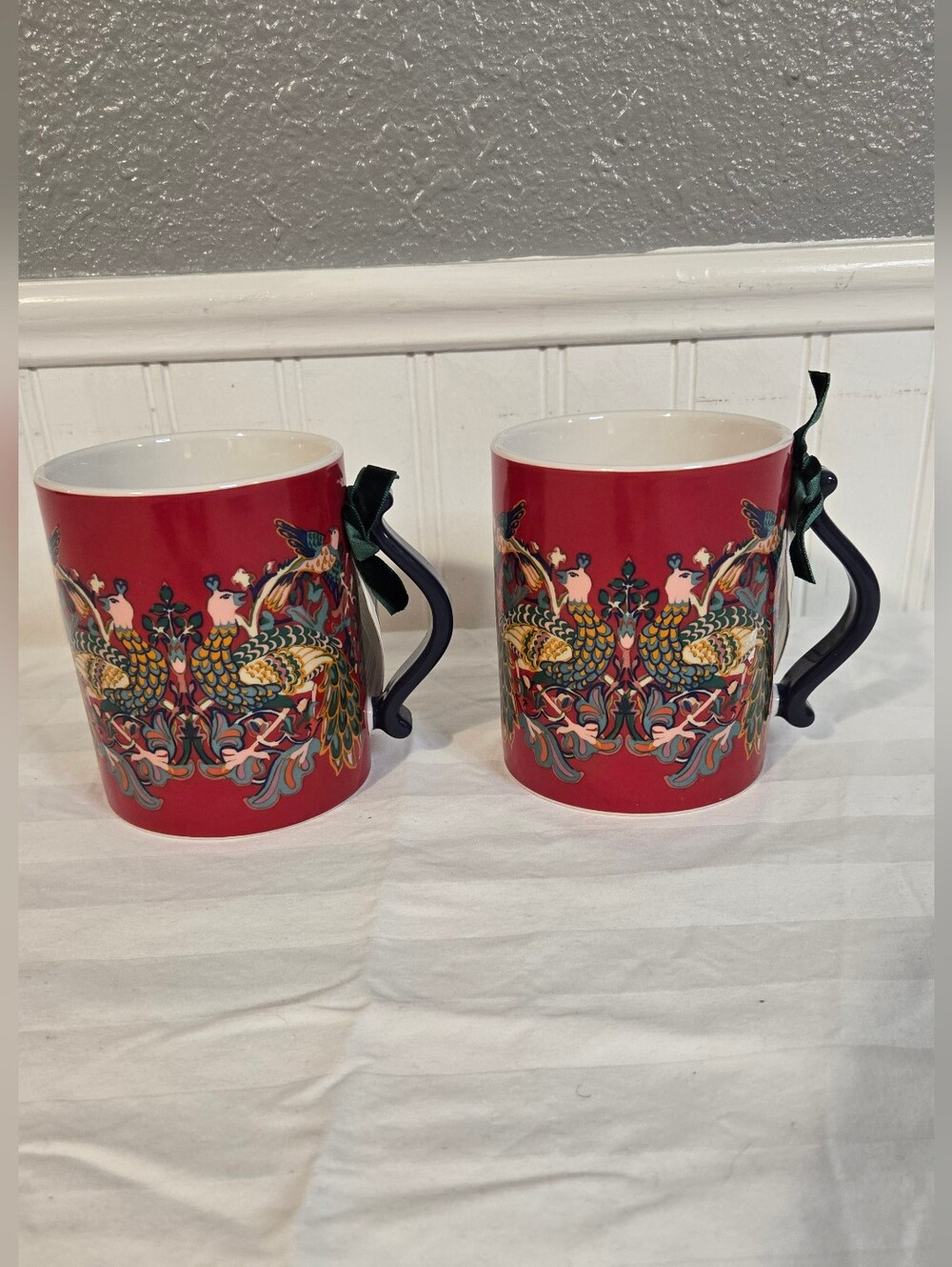 NWT William Morris "At Home" Peacock And Bird Festive China Mug Set